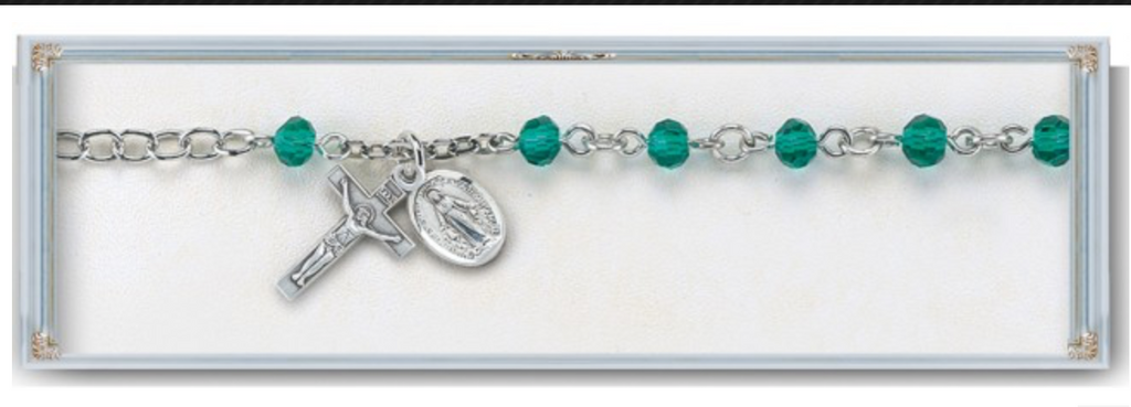 Sterling Silver Rosary Bracelet Emerald Round Faceted Crystal Beads