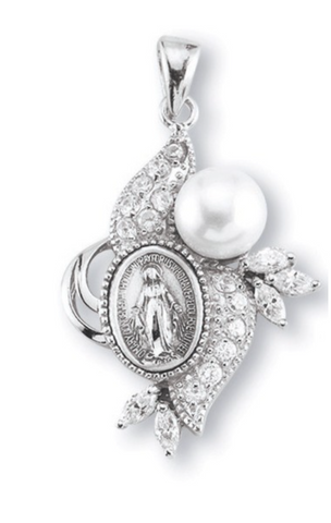 Miraculous Medal with 12 Stars Cubic Set Zircons Sterling Silver