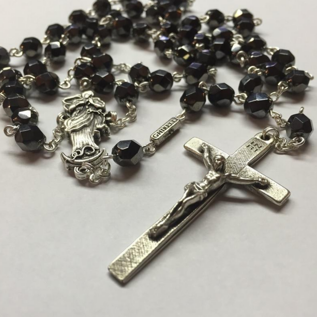 Our Lady Undoer of Knots Hematite Faceted Glass
