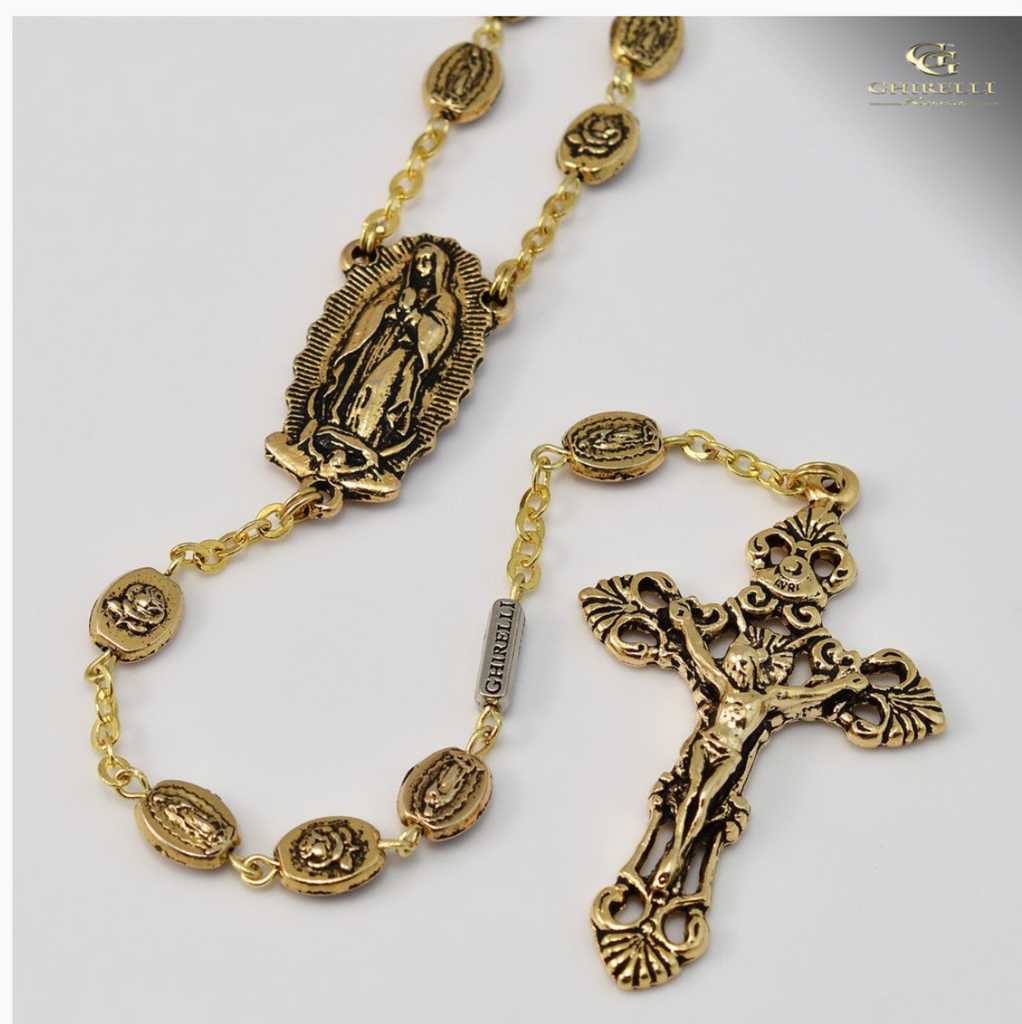 Our Lady of Guadalupe and Castilian rose bud Gold Plated Rosary By Ghirelli