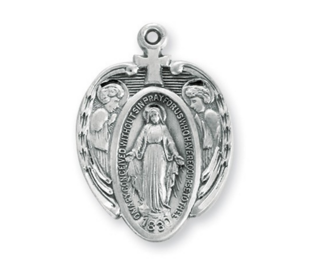 Sterling silver Madonna of the Miraculous Medal with angel wings pedant