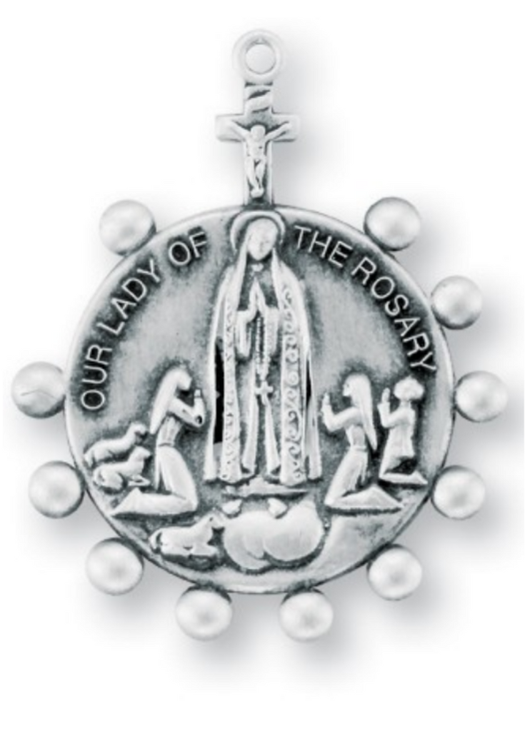 Our Lady of the Rosary Round Sterling Silver Medal on chain