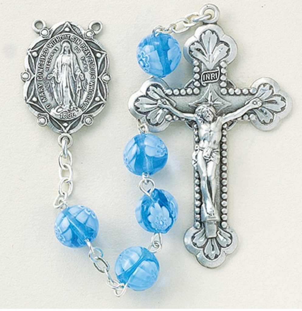 Miraculous Medal Blue Venetian Glass Flower Catholic Rosary