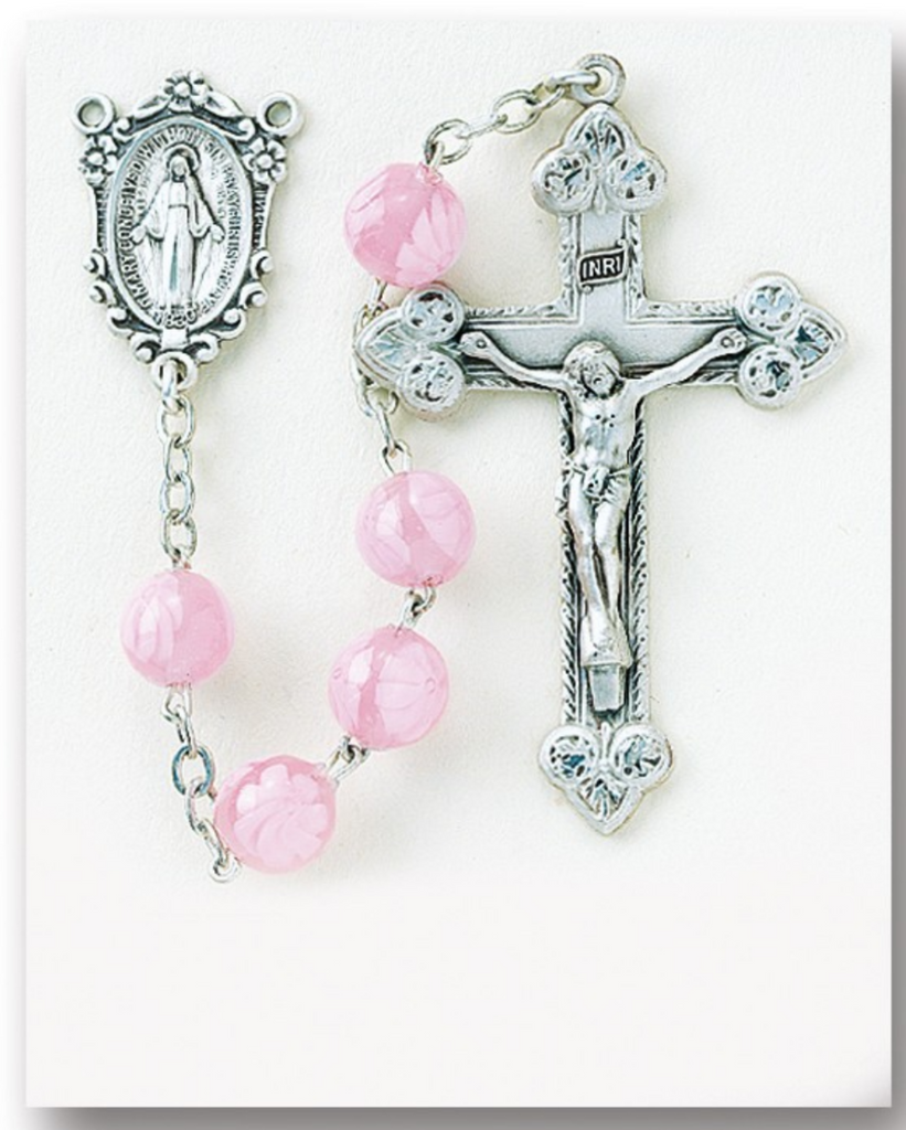 Miraculous Medal Pink Venetian Glass Flower Catholic Rosary