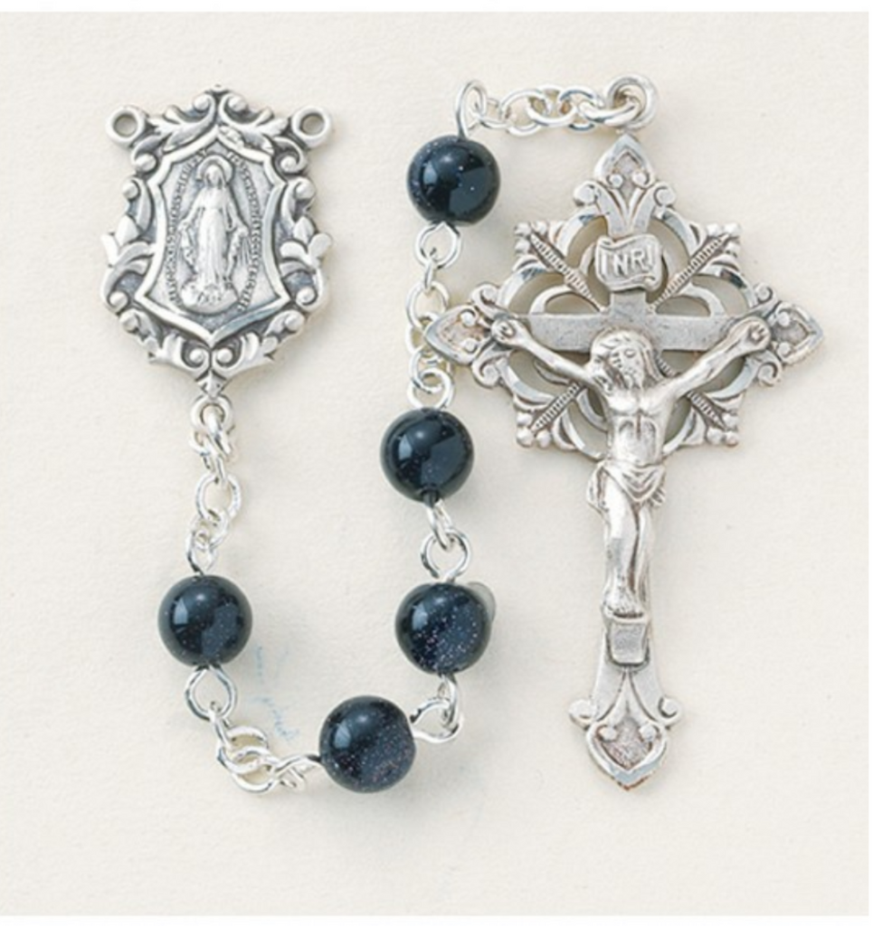 Sterling Silver Round Genuine Blue Gold Sand Rosary