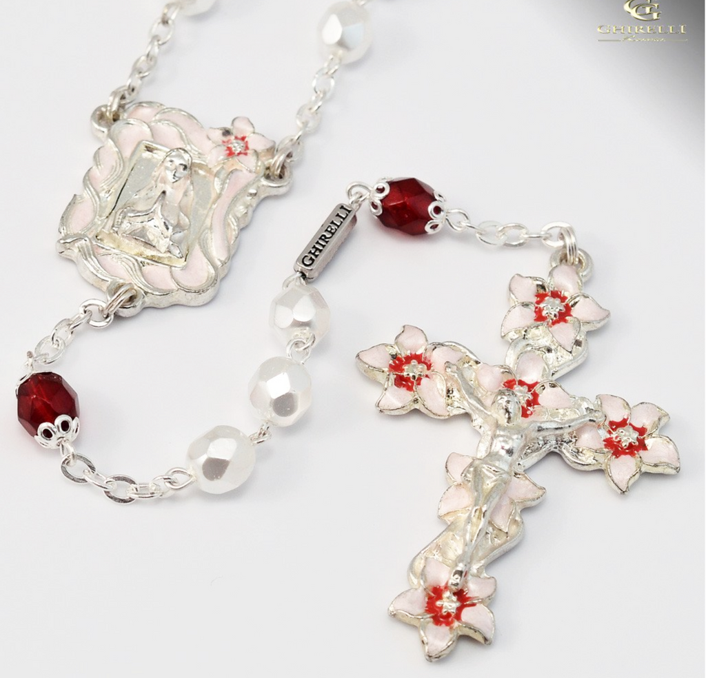 Pink our lady of lourdes sterling silver rosary