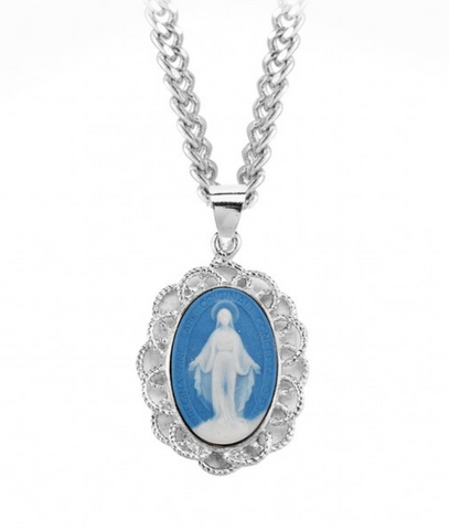 Ornate Light Blue Sterling Cameo Style Miraculous Medal Capodimonte Porcelain Made In Italy