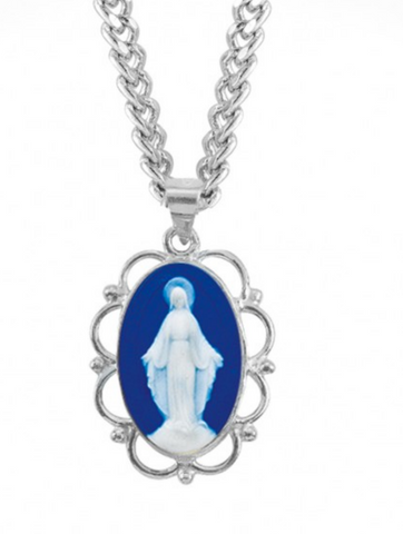 Sterling Silver Dark Blue Madonna Miraculous Medal Capodimonte Porcelain Made In Italy