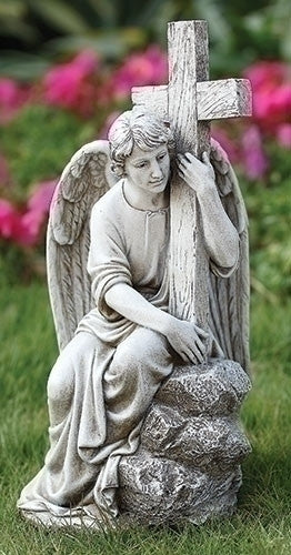 Seated Male Angel Holding Cross Memorial Or Garden