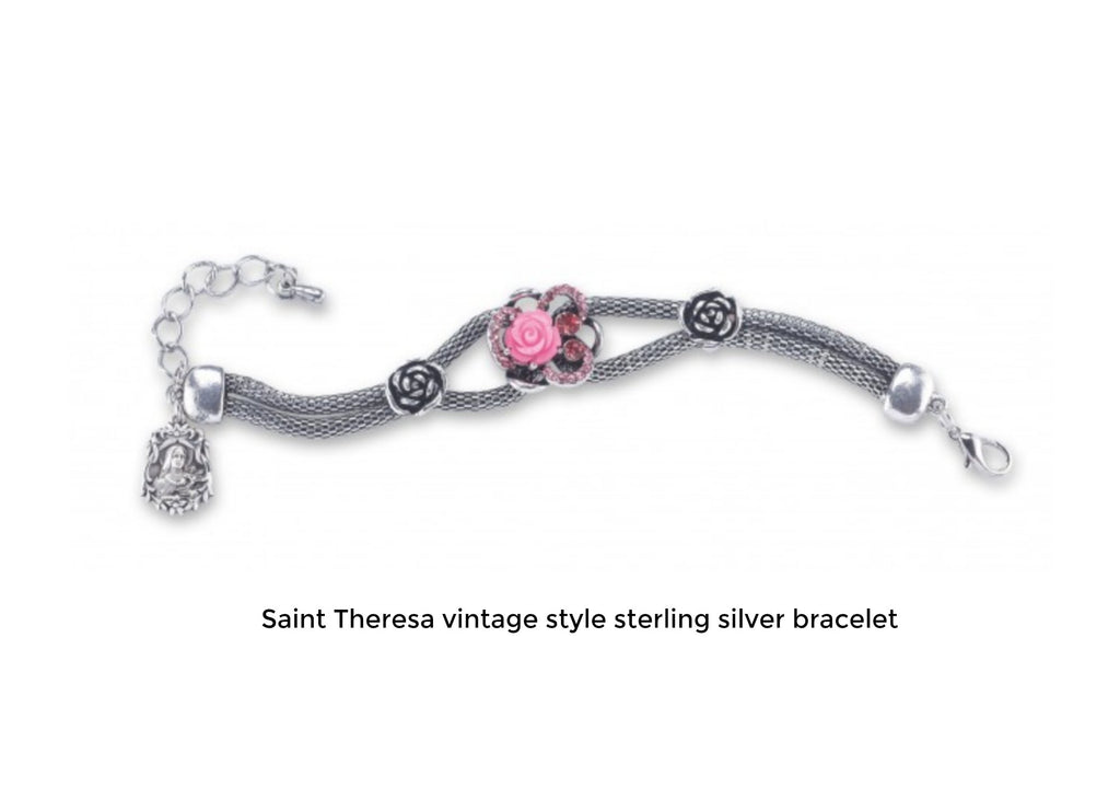 Vintage Style Saint Theresa Bracelet Sterling Silver With Pink Porcelain Rose