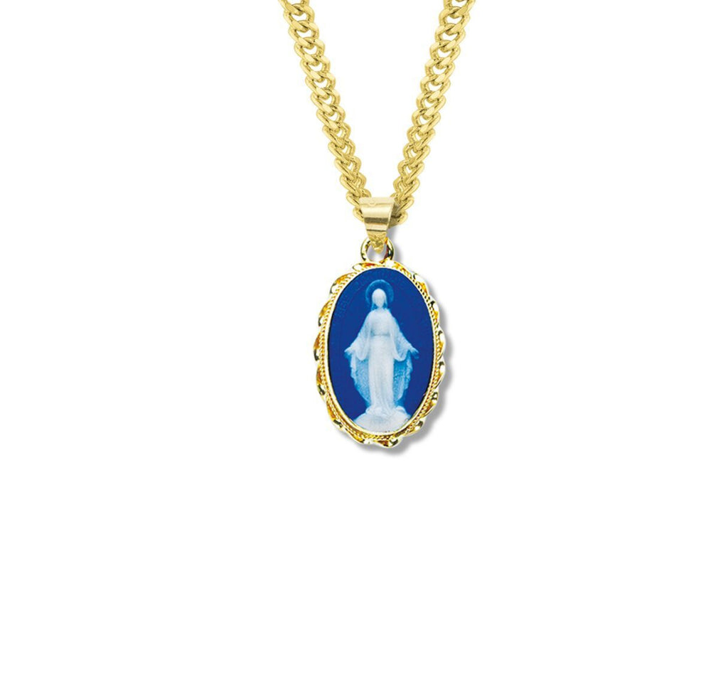 Dark Blue Gold Over Sterling Silver Cameo Miraculous Medal Capodimonte porcelain