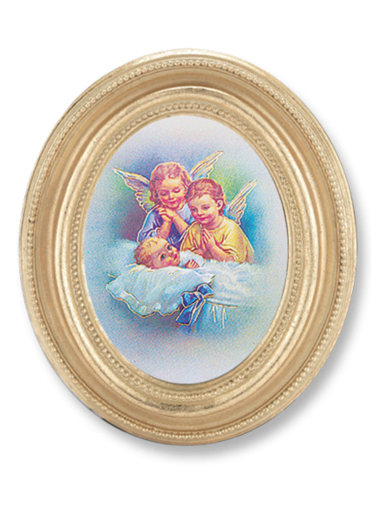 Guardian Angels Italian Gold Stamped Print under Glass in Gold Leaf Frame.
