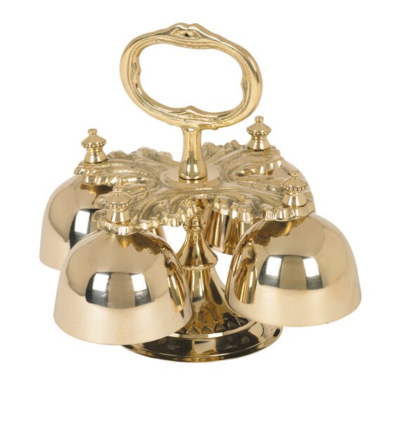 Solid brass 4-cup hand bell with oak leaf design and center stand. Each bell has been shaped to create a lovely chime for your church services.
