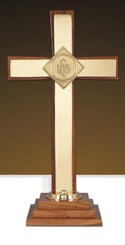 Altar Cross with IHS Emblem On Wooden Base Large 24 Inch Tall