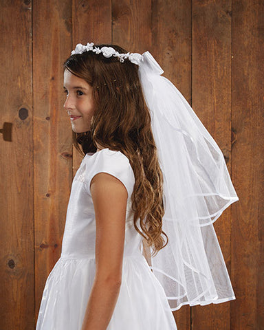 First Communion Girls White Floral Tiara  Veil 26 Inch