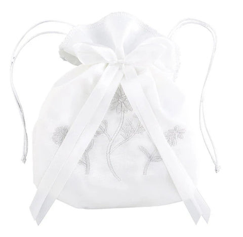 First Communion White Floral Drawstring Purse