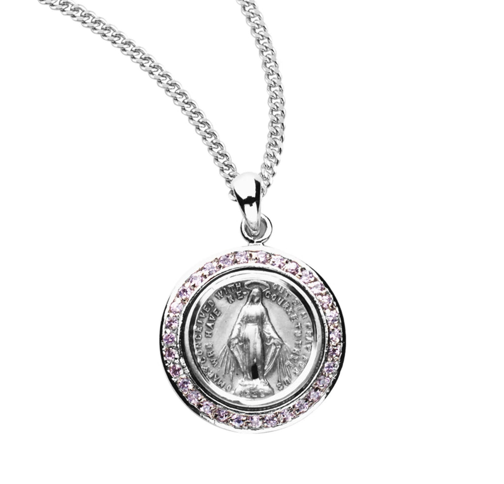 Sterlng Silver Miraculous Medal Pendant With Pink Rhinestones