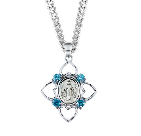 Aqua Cubic Zircon Pendant With Sterling Silver Miraculous Medal