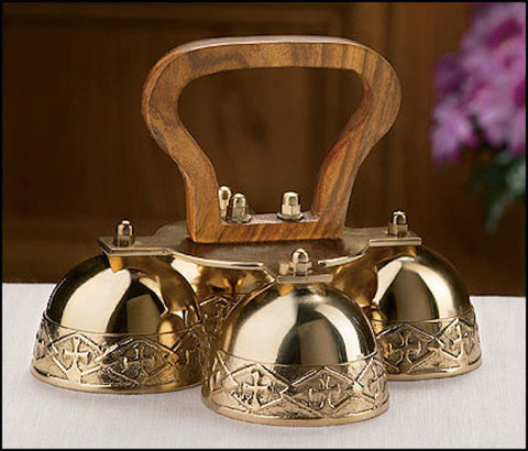 Brass Embossed Church Bells With Wooden Handle - 4 Bells