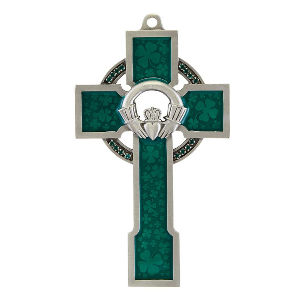 Pewter Claddagh Celtic Cross with Green Shamrock Design