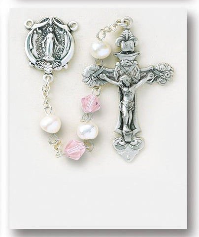 Madonna Fresh Water Pearl And Pink Bicone Bead Rosary