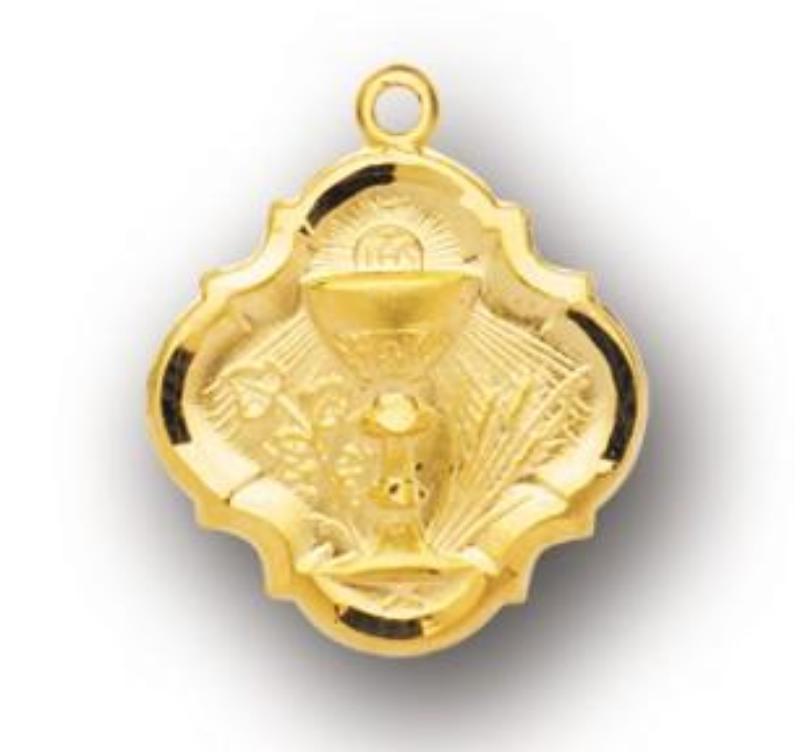 Communion Chalice With Wheat Medal On Chain Gold Over Silver