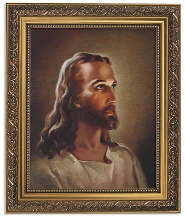 Head Of Jesus Print In Ornate Gold Frame With Glass By Sallman