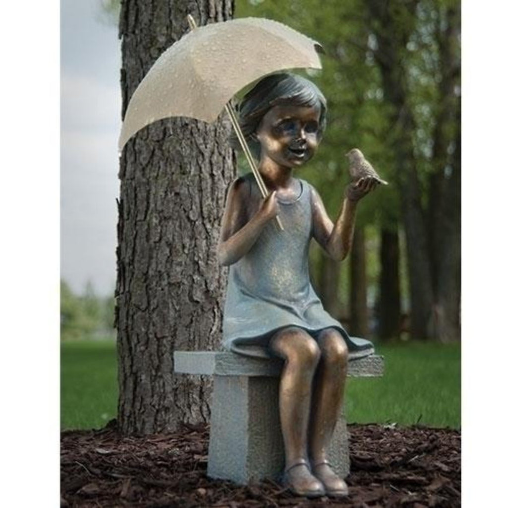 Little Girl With Umbrella Sitting On Bench Garden Statue