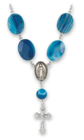 Blue Agate Natural Stone Necklace With Sterling Madonna Miraculous Medal