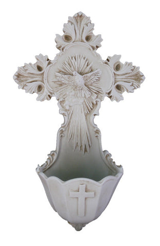 Antiqued Ivory Holy Spirit Dove Jesus Cross Holy Water Font