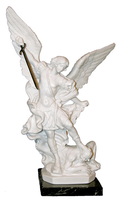Saint Michael Alabaster Figurine On Marble Base From Italy