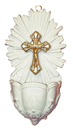Crucifixion Holy Water Font In White Alabaster With Gold Accents