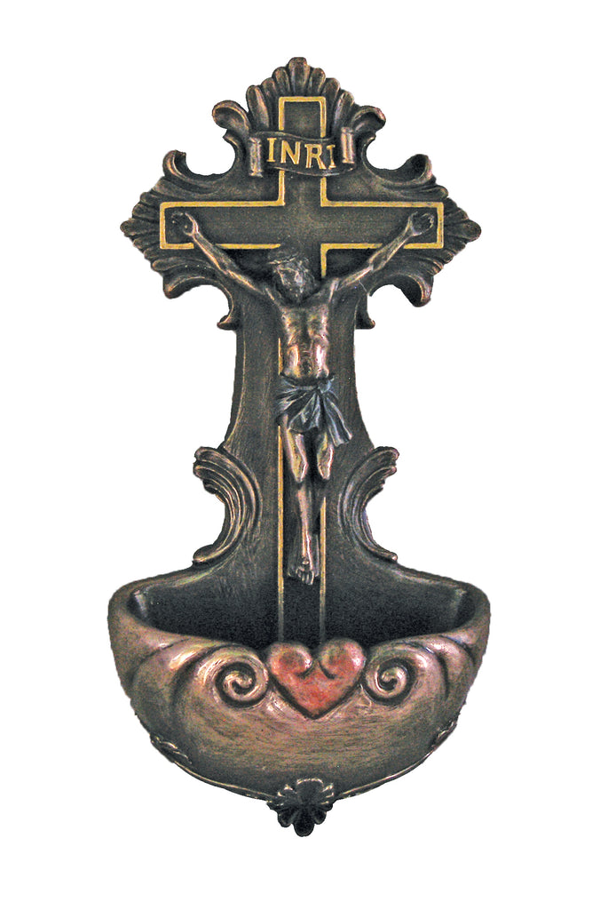 Jesus Crucifixion Holy Water Font in cold cast bronze.