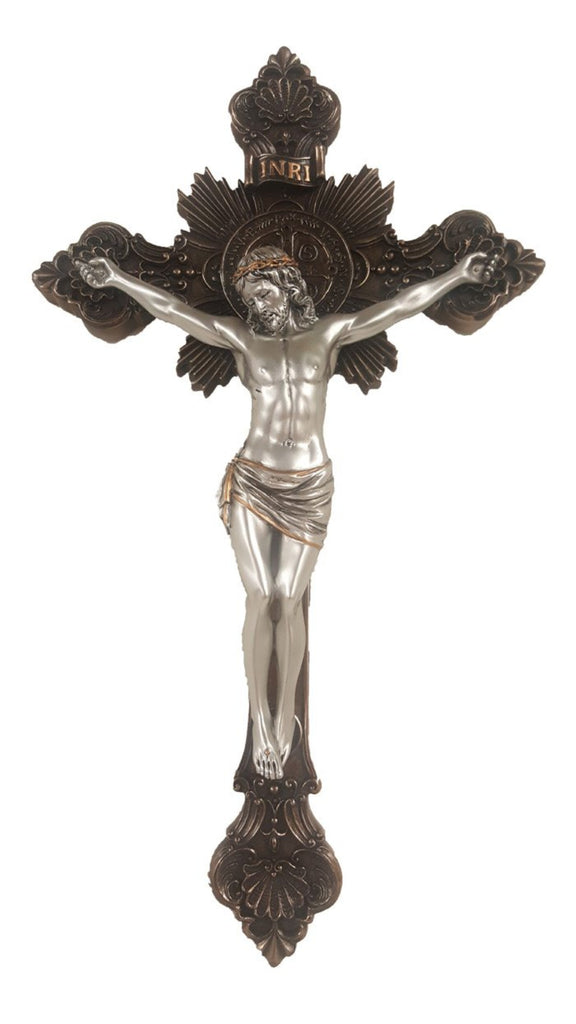 Saint Benedict Bronze With Pewter Corpus Catholic Wall Crucifix