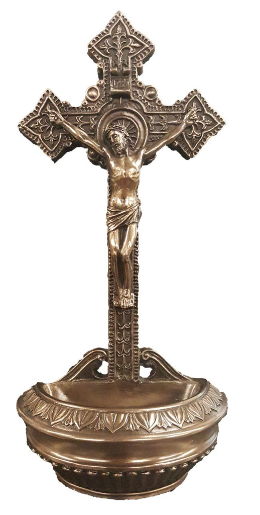 Jesus Crucifixion Bronze Style Holy Water Font For Wall Or Table