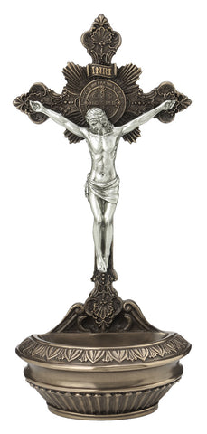 Jesus Crucifix Holy Water Font For Table or Wall Use With Pewter Color Corpus