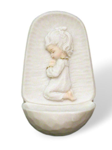 Praying Little Girl Alabaster Cross Holy Water Font   Italy