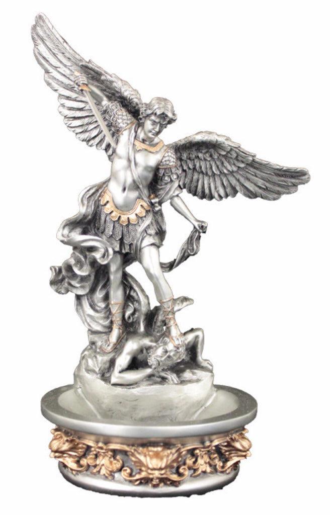 Saint Michael Holy Water Font For Table Or Wall Pewter Style with Gold Highlights Veronese Collection