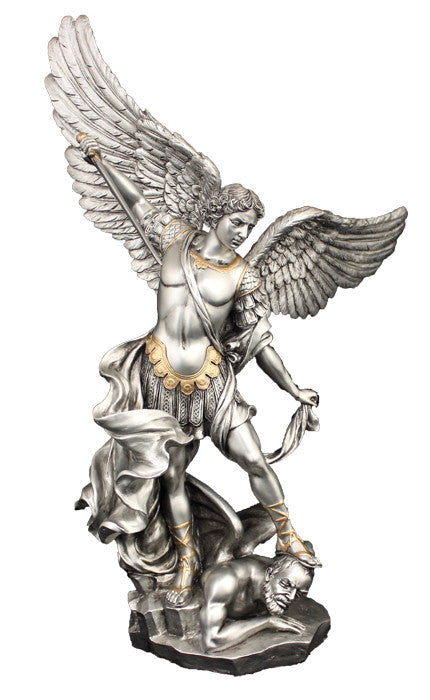 Saint Michael Statue Ornate Pewter Style St Michael Figure  10"